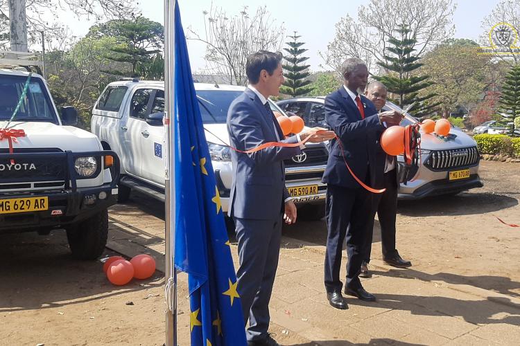 Minister of Justice Titus Mvalo, SC, with EU's Head of Cooperation George Dura handing over vehicles